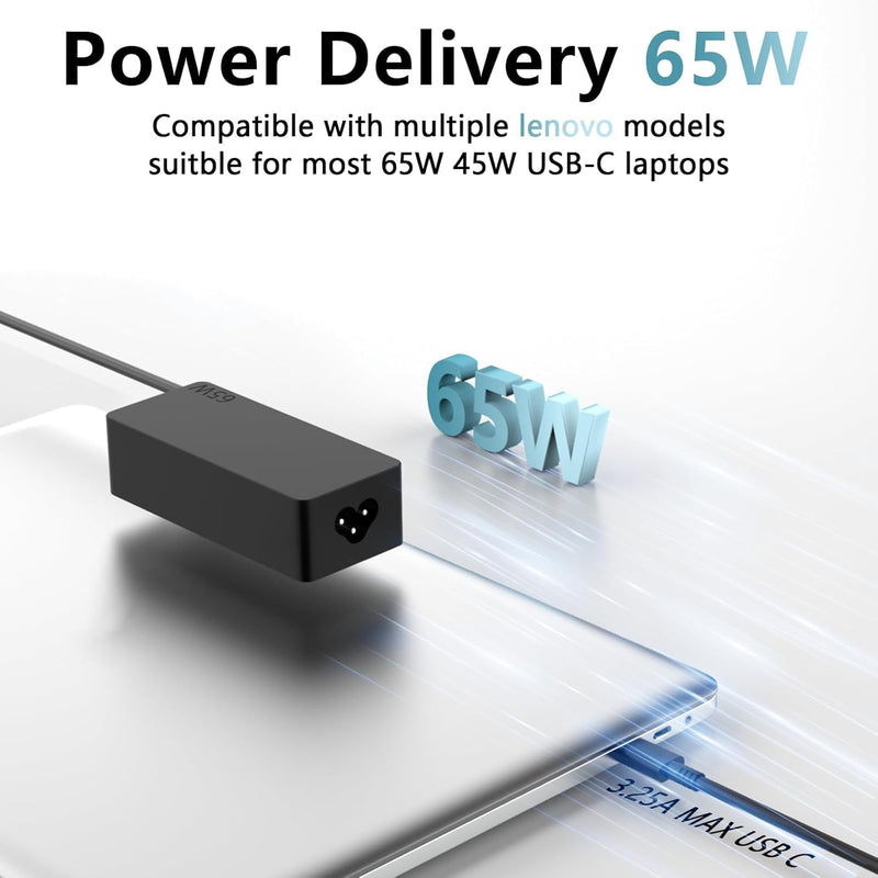 Replacement for 65W Lenovo Laptop Charger USB C | for Lenovo ThinkPad X1 X13 T14 T15 E14 E15 T480s T580s T490 E480, Yoga 7i 9i, Thinkbook 13s 14 15 16 Plus G4 Power Adapter