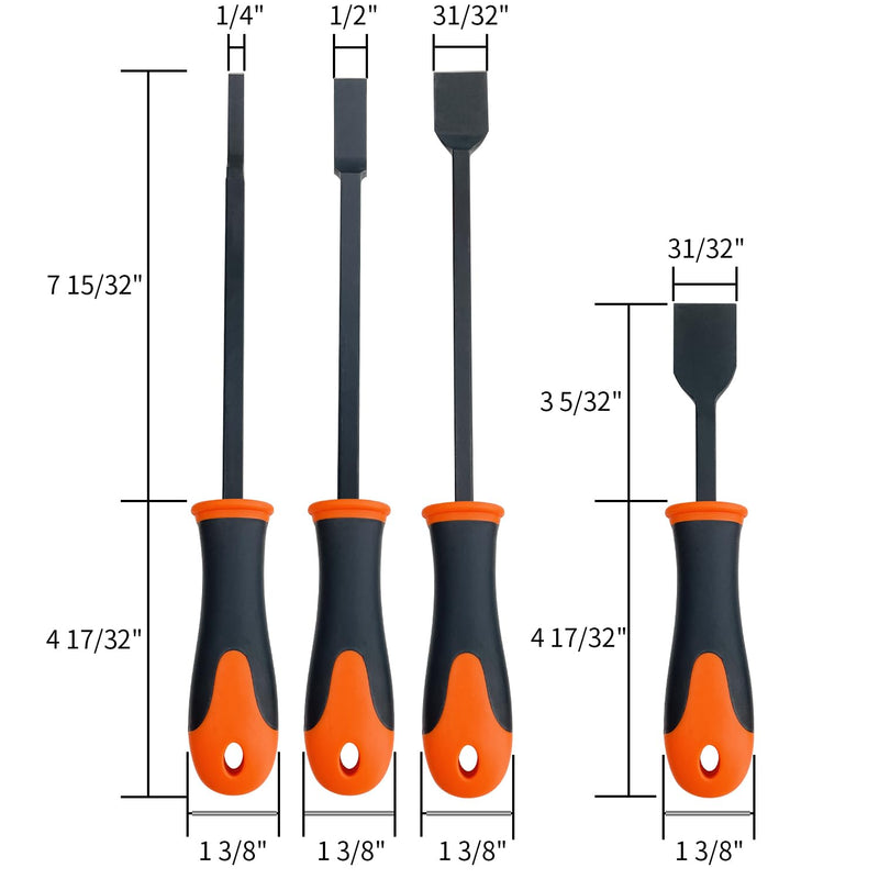 Gasket Scraper Set, 4-Piece, 1/4",1/2", 31/32", Rust, Residue and Buildup Cleaning Blade Scraper Tool, 11 13/16" Extended Reach Handle