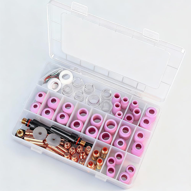 100 Pcs TIG Welding Torch Kit Consumables for WP-17/18/26, Includes Alumina Nozzles, Stubby Gas Lens, Collets, Glass Cup for Arc Welder Accessories Set 100pcs