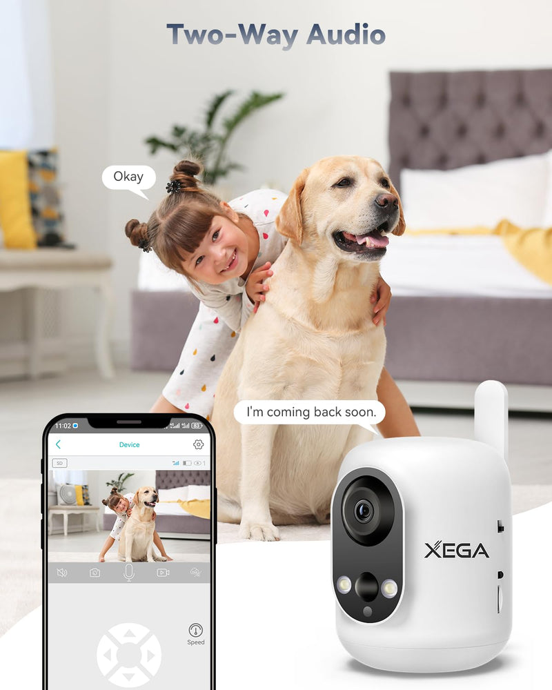 Xega 4G LTE Cellular Security Camera Indoor Wireless, 2K No WiFi Camera for Baby/Pet/Elderly with Phone App, 355°P/60°T, 6000mAh Battery, PIR Detection, Cloud/TF, Not Waterproof, Built-in SIM Card
