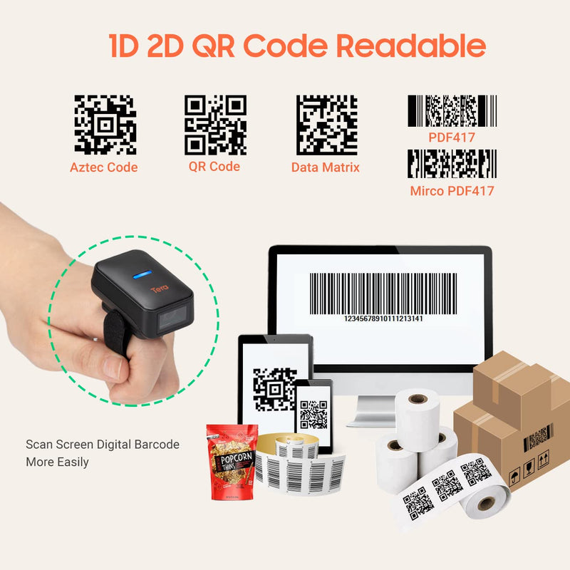 Tera Pro Extreme Performance 1D 2D QR Wireless Ring Barcode Scanner with Bluetooth, Extra Fast Scanning Speed Ultra High Resolution Mini Wearable Finger Bar Code Reader Model HW0010 2D Ring