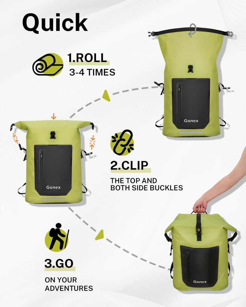 Gonex Waterproof Ultralight TPU Backpack 35L Roll Top Dry Bag, Kayaking | Back Padding, Camping, Fishing, Travel, Adjustable Straps, External & Internal Storage Pockets, Green