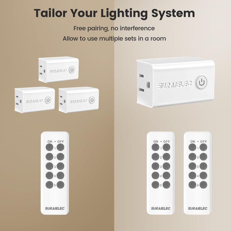 SURAIELEC Remote Control Outlet, Wireless Remote Light Switch, 100 FT, 15A/1875W, Expandable Indoor Compact Side Outlet Plug for Lamps, Fans, Christmas Trees, Small Appliances, 5 Outlets + 2 Remotes White Handhold Remote 5 Outlets