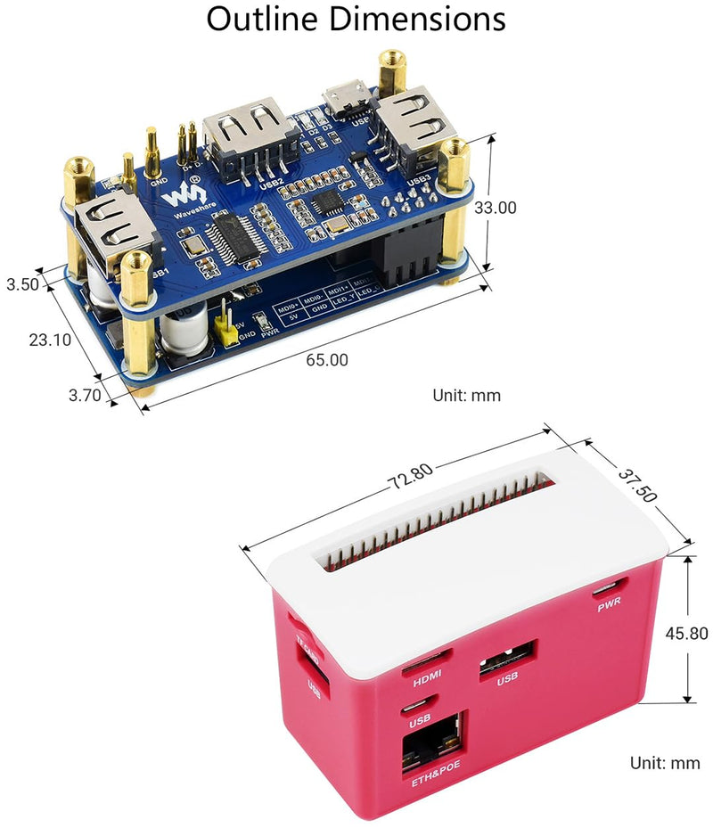 PoE Ethernet/USB HUB HAT Board with ABS Case Box for Raspberry Pi Zero 2W/2WH/Zero, PoE 802.3af-Compliant Ethernet Port and 3X USB 2.0 Ports Compatible with USB 2.0/1.1