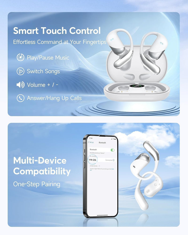 Ultra Open Ear Headphones, Over Ear Bluetooth Bone Conduction Earbuds | Bluetooth 6.1, LED Digital Display, 60H Playtime, IP55 Waterproof, Secure Earhooks for Running, Cycling & Workout Pearl white