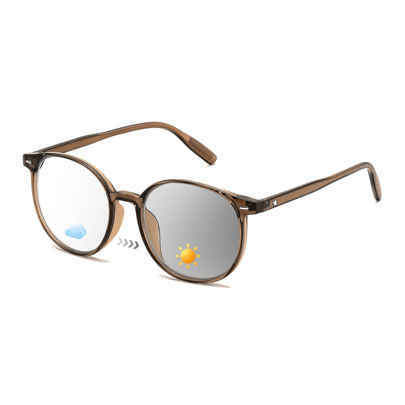FEISEDY Photochromic Blue Light Blocking Glasses Fashion Women Men B1238 | Clear Indoors & Tinted Outdoors, Dual-purpose Transition Glasses Round Clear Vision Computer Eyeglasses UV400 Sunglasses Transparent Brown/Photochromic Grey 51 Millimeters