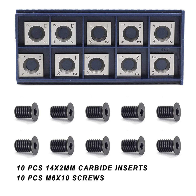 14mm Square Straight Carbide Cutter Insert(14mm length X14mm widthX2.0mm thickness),Pack of 10, Designed for Spiral/Helical Planer Cutter Head Wood Lathe Tool with 10pcs M6x10 Screws 14mm with screws
