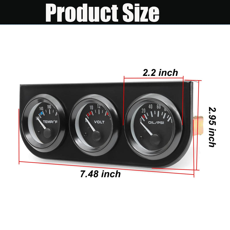3-in-1 Triple Gauge Kit - Oil Pressure, Voltage & Water Temperature Gauges for Cars Black