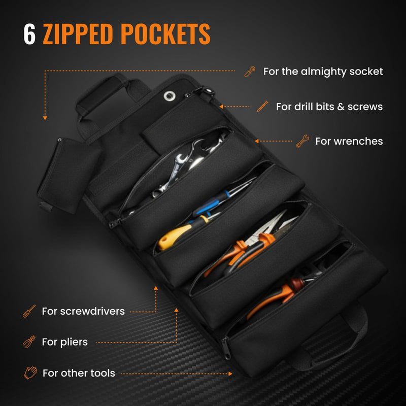 Heavy Duty Roll-Up Tool Organizer Bag with Detachable Pouches | Tool Bag for Handyman, Electrician, Mechanic, Plumber, Carpenter, Garage, Workshop, Truck, RV & Outdoor Use Black