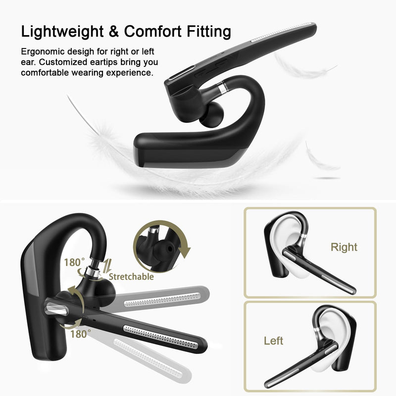 Bluetooth Headset, Wireless V5.4 Bluetooth Earpiece with Dual Noise Cancellation Mic with iPhone and Android, 110H Talktime Hands-Free Headphone for Trucker/Business/Office (Black) Black