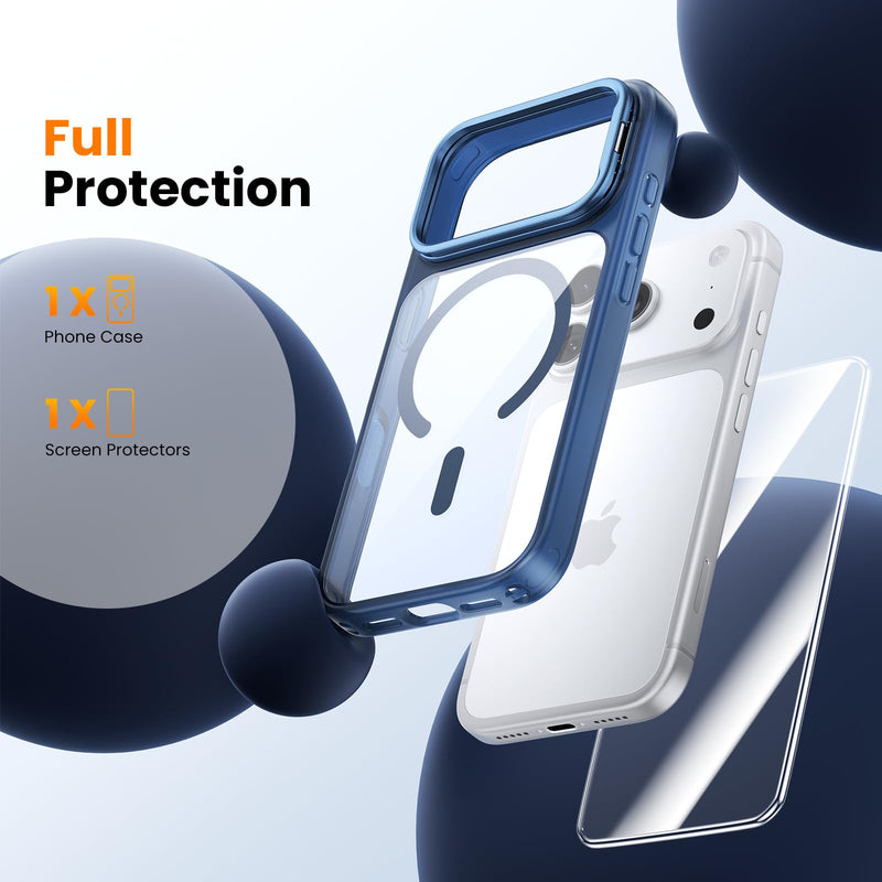 Tigowos for iPhone 17 Pro Case with Lens Stand，Screen Protector，Blue | Camera Control Cover ,Fit for MagSafe,Drop Protection,Shockproof, Translucent Back Phone Case for 17 Pro Blue-Stand