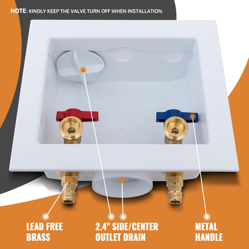 SUNGATOR Pex A Washer Box, 1/2 Inch Pex A Expansion Inlet x 3/4 Inch MHT Outlet, Washing Machine Laundry Outlet Box with Brass Valves Installed and 4 Expansion Rings