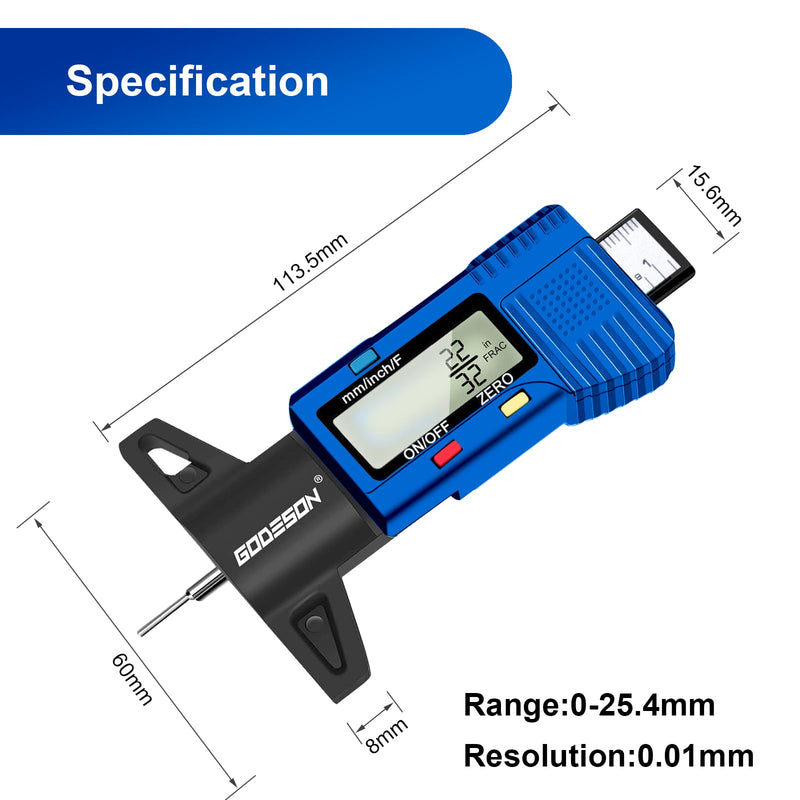 Godeson Digital Tire Gauge with 3 Modes - Fractional Inch, Decimal Inch and Millimeter, Accurate Tire Gauge for Motorcycles, Cars, Trucks Blue