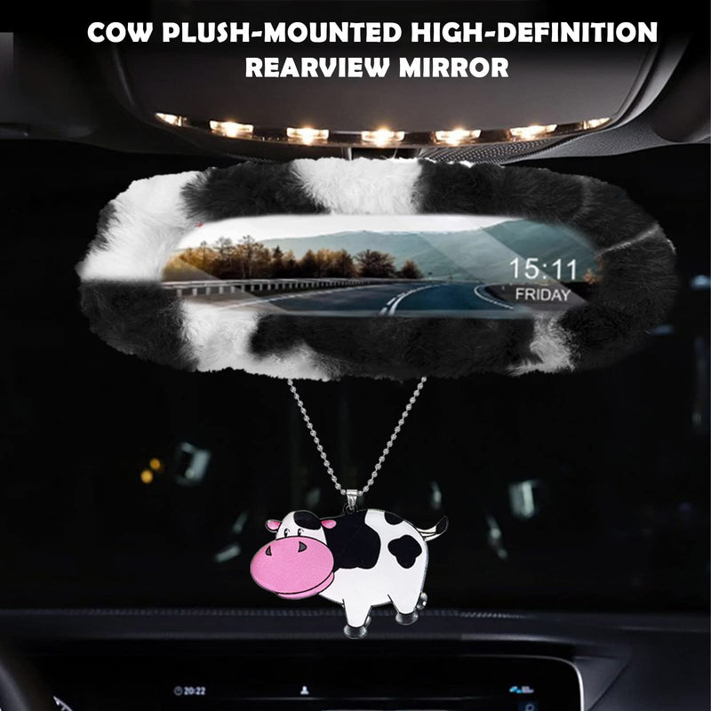JINGSEN11 Pieces Fluffy Car Accessories Set,Fluffy Cow Print Plush Steering Wheel Covers for Women Soft Fleece Handbrake Cover Shift Cover Car Trim Warm Non-Slip (Black) black