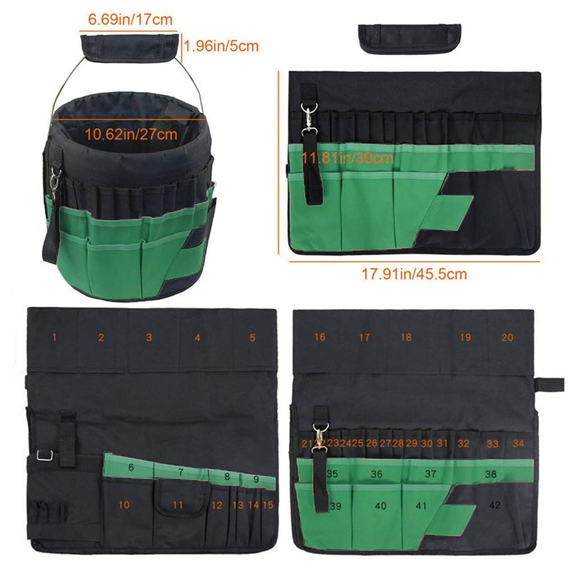 Green Gardening Tools Organizer 5 Gallon Bucket Tools Kit Storage Organizer with Handle, Garden 42 Pockets Tools Management Bucket Bag Trays, Insert Bucket Boss Tools Organizer (Tools Excluded), Black, 17.91 inch x 11.81 inch Green