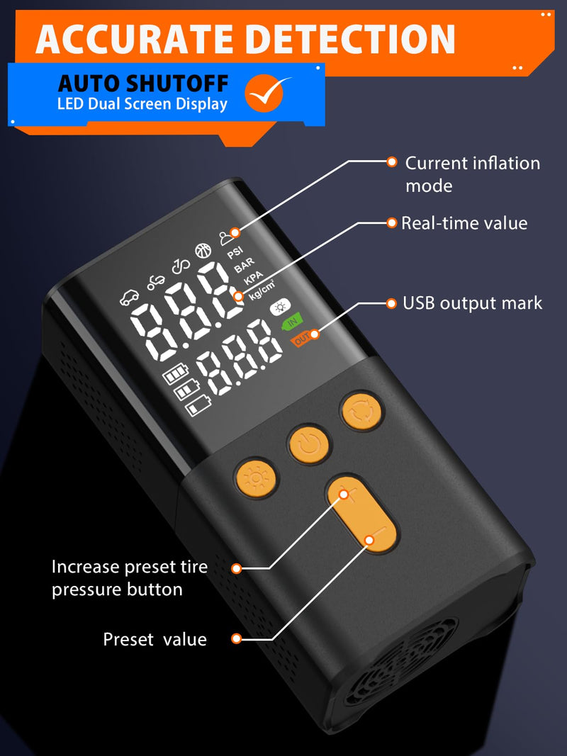 Portable Air Pump for Car Tires 150 PSI, 4X Faster Car Tire Pump with Digital Dual Values Display, Auto Off and Pressure Gauge Car Tire Inflator