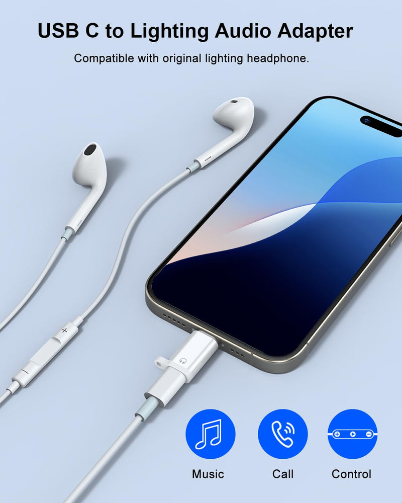 AreMe Headphone Adapter for iPhone Lightning to USB C Audio Adapter | USB-C Male to Lightning Female Earbuds Converter, Support Line Control & Calls, Not for Charging/Data Transfer