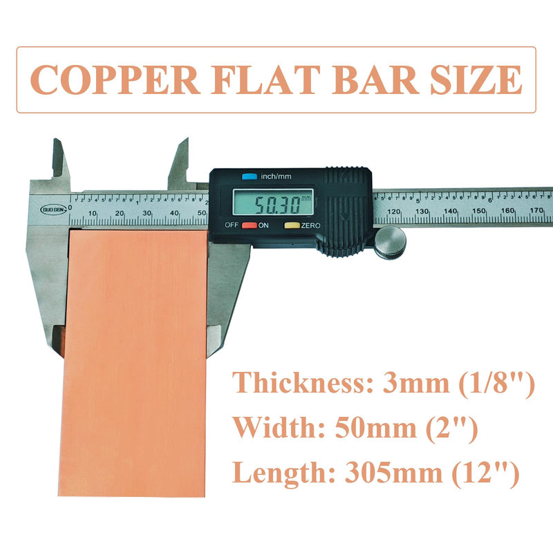 2PCS Copper Flat Bar 1/8" x 2" x 12", 99.98% Copper Bus Bar Stock, 3mm x 50mm x 305mm C110 Solid Flat Bar Stock for Various DIY (2Pcs, 3 * 50 * 305mm) 1/8" x 2" x 12"
