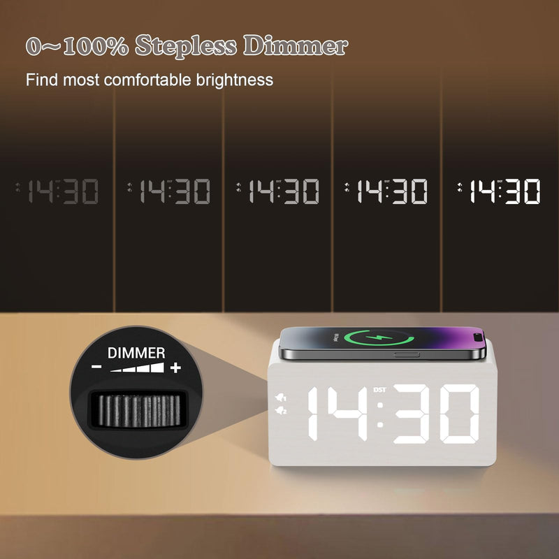 Wooden Digital Alarm Clock, 10W Fast Wireless Charger Station & 2 USB Charging Ports, with 0~99% Dimmer, Dual Alarm, Weekday/Weekend Mode, Wood LED Clock for Bedroom, Desk, Office White