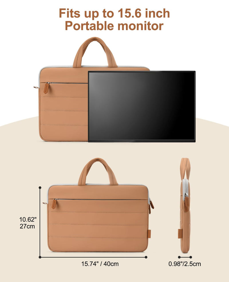 Puffy 15.6 inch Portable Monitor Case Sleeve with Handle | Carrying Bag for 16.1" Travel Display Monitors, Water-Resistant Quilted Laptop Cover for Women with Accessory Pocket Brown