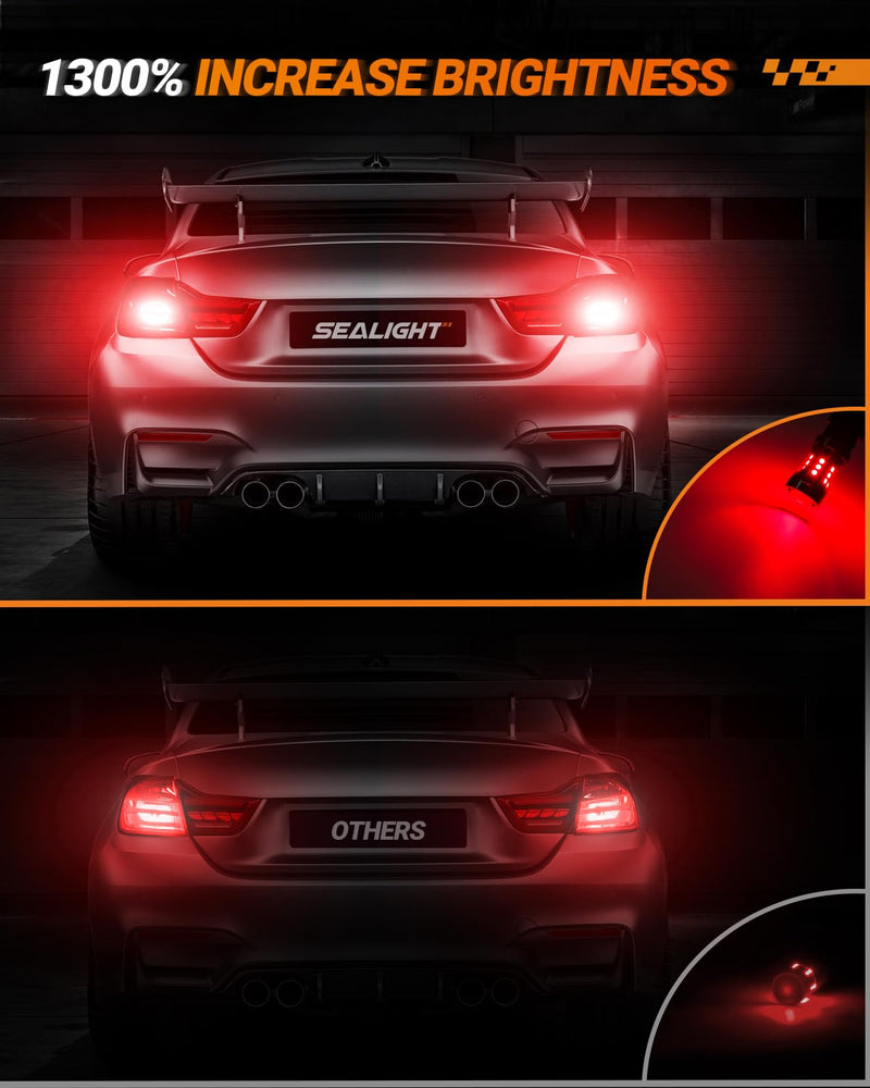 SEALIGHT LED Brake Light Bulbs, 3157 LED Red 3057 4157 T25 3156 Tail Light, 2600 Lumens Red, TailLight with Projector Lenses, Plug N Play for Rear Stop Light, Automotive Parking Light Assemblies, 2PCs Brilliant Red 3157/3156