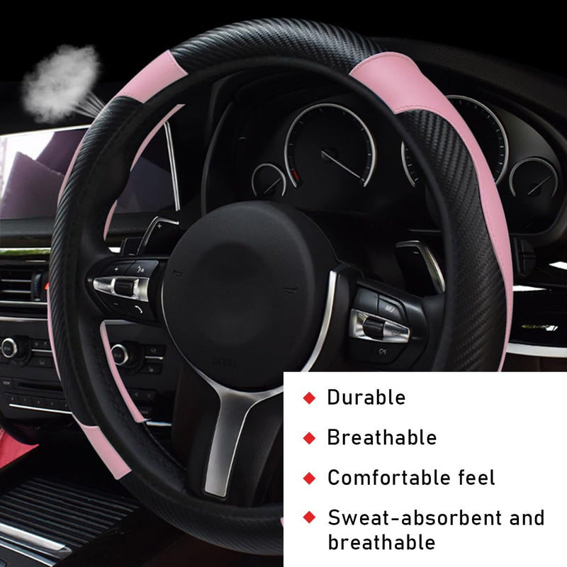 Car Steering Wheel Cover, 15 Inch Leather Breathable Auto Steering Wheel Protector, Comfortable Non-Slip Vehicle Steering Wheel Covers, Universal Interior Car Accessories (Black+Pink) Black+Pink