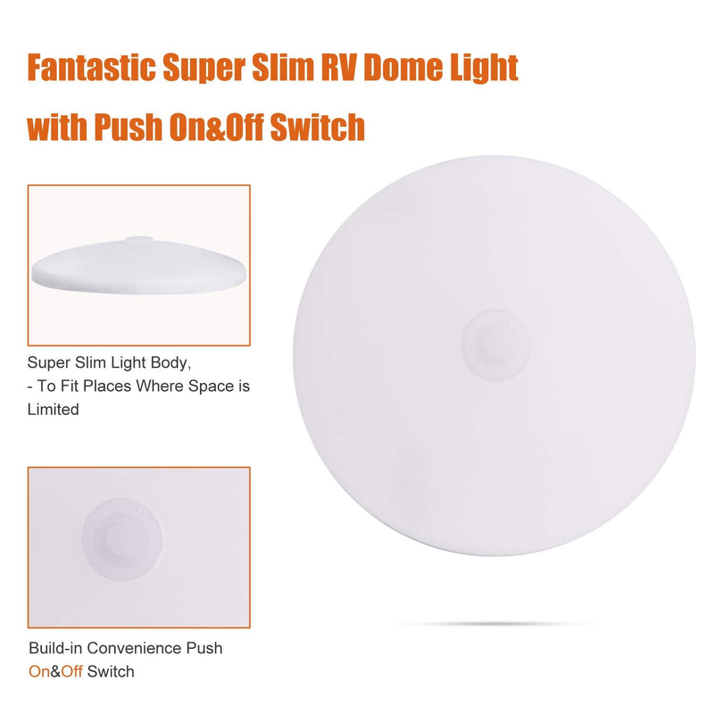 Facon 4-1/2'' LED RV Puck Light, 2-Packs Slim Surface Mount Ceiling Dome Light with Switch, 12V DC Interior Light for RV Camper Trailer Motorhome, 3400K Warm White Dia: 4.5Inch, 2Packs 3400K Warm White Light