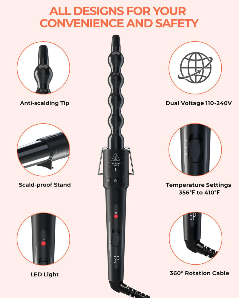 5 in 1 Curling Wand Set, Ohuhu Ceramic Barrels Hair Curler (9-32mm) | Dual Voltage, Heats in 30 Second, 356-410°F Adjustable, Travel-friendly, Lightweight, 2 Clips & Heat Glove, Gift for Women Black