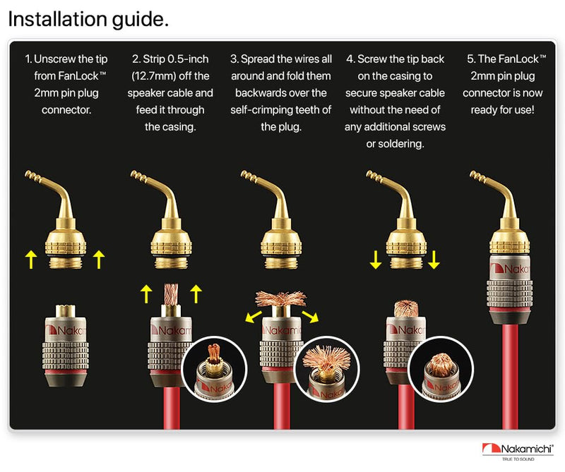 Nakamichi FanLock Excel Series 24k Gold Plated 2mm Pin Plug Banana 10 AWG - 18 AWG Gauge Size 4mm for Spring Clip Speakers Amplifier Hi-Fi Home Theatre Wire Cable Quick Connector, 10 Pcs (5-Pairs) 10 Pcs (5-Pairs)