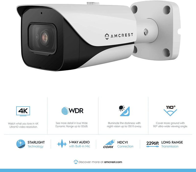 Amcrest 4K Analog Outdoor Security Camera, Bullet 4K (8MP) @15fps, CCTV-Coax-BNC, 98ft Night Vision, IP67 Metal, 125° Angle, Mic, White (Not an IP Camera) (DVR Required, Not Included) (AMC4KBC28-W-V3)