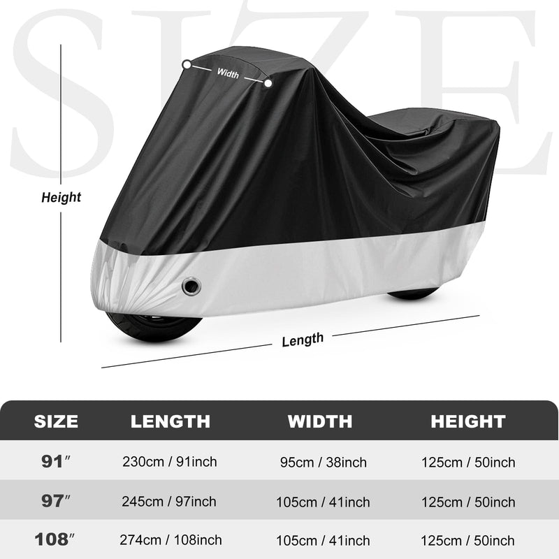 Motorcycle Cover Black All Season Waterproof Sun Outdoor Protection, Fits up to 91" Motorcycle Vehicle Cover (L Large & Lockholes & Storage Bag) 91"