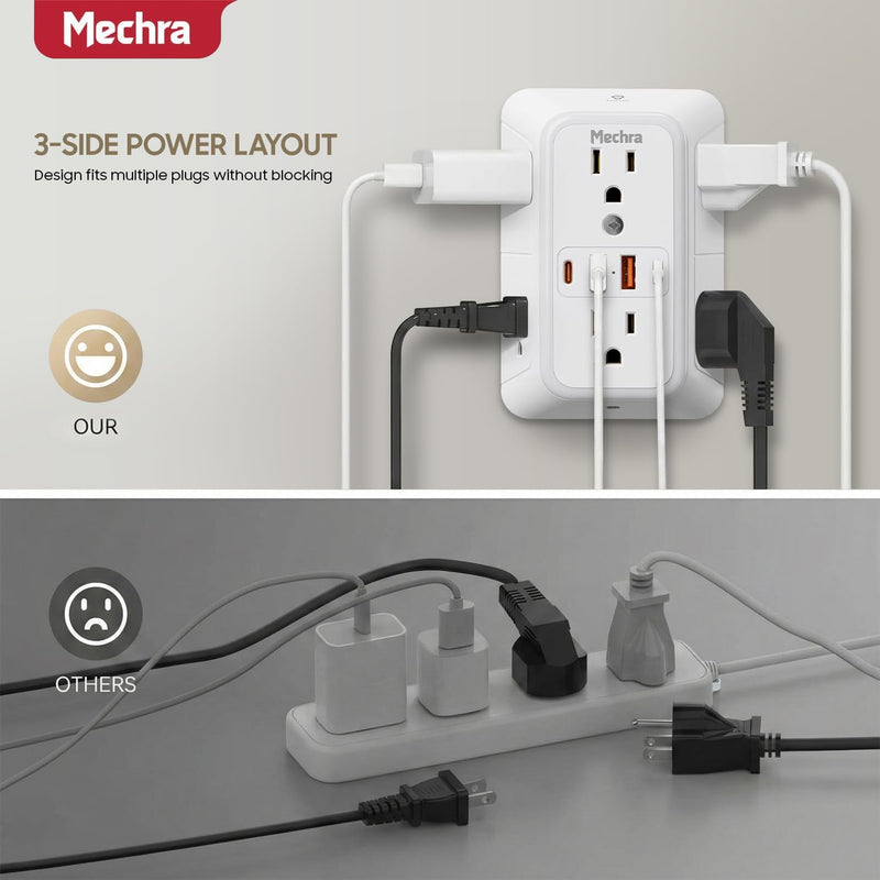 10-in-1 Wall Outlet Extender with Night Light, 3-Sided Multi Plug Surge Protector (1050J), 6 Wide Spaced AC Outlets & 4 USB Ports, Wall Mount Wall Charger for Home, Office, School & Travel White Standard
