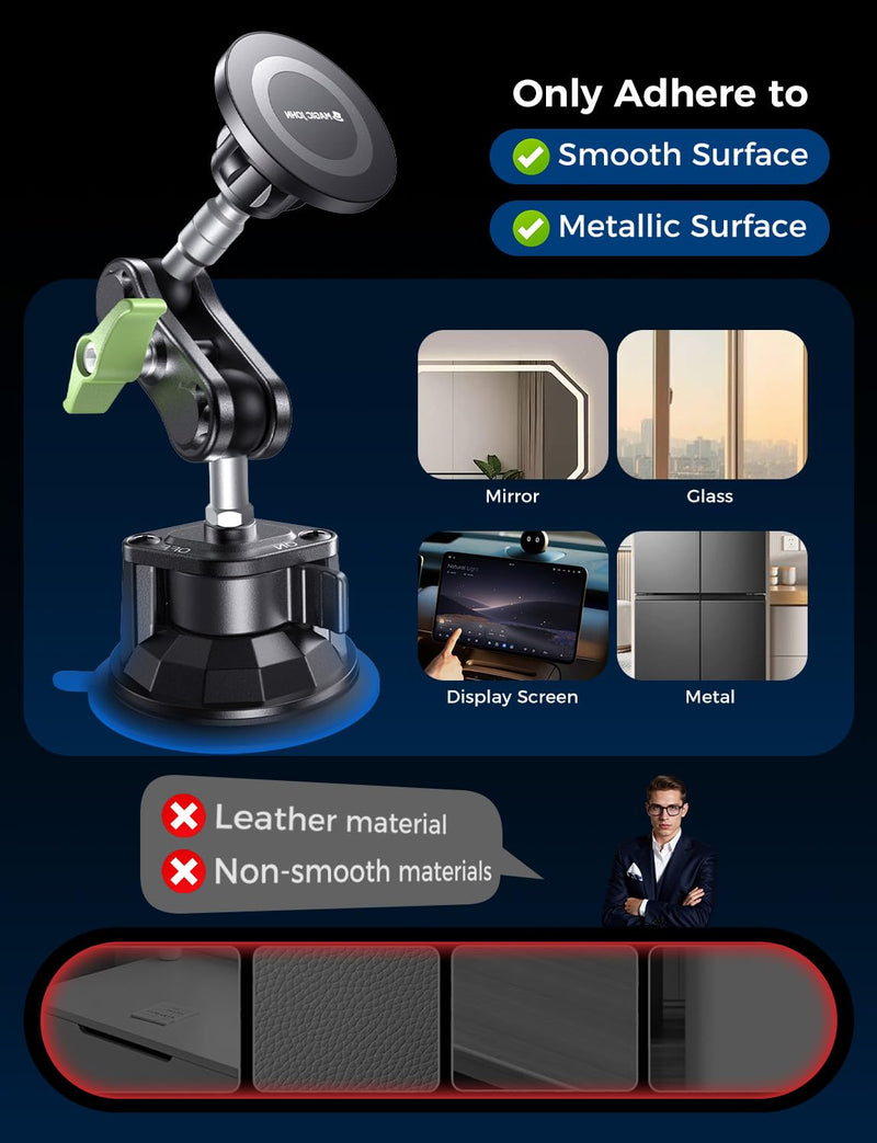 MAGIC JOHN Magnetic Car Phone Holder, Windshield Metal Suction Cup Mount | 360 Degree Rotatable, Strong Suction & Magnetic Force, Solid Metal Frame, Easy Installation Extended