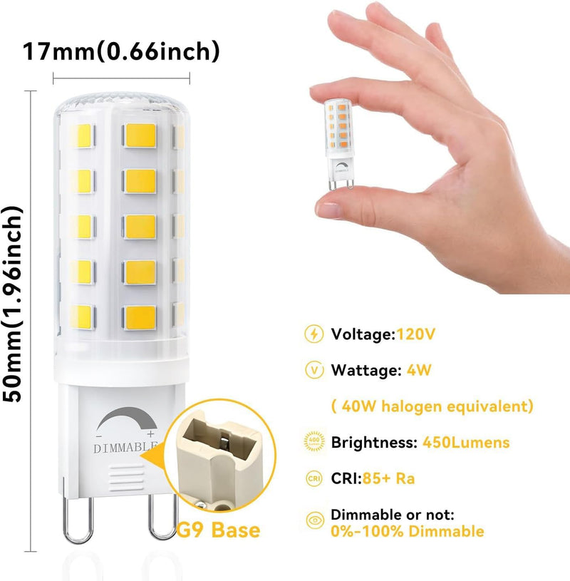 dalattin 24 Pack Dimmable G9 LED Bulb 4W Equivalent 40 Watt, 6000K Daylight White, T4 G9 Bi-pin Base Halogen Replacement, G9 Socket Light Bulb for Chandelier Wall Sconce, 450LM, 120V Daylight White 6000k