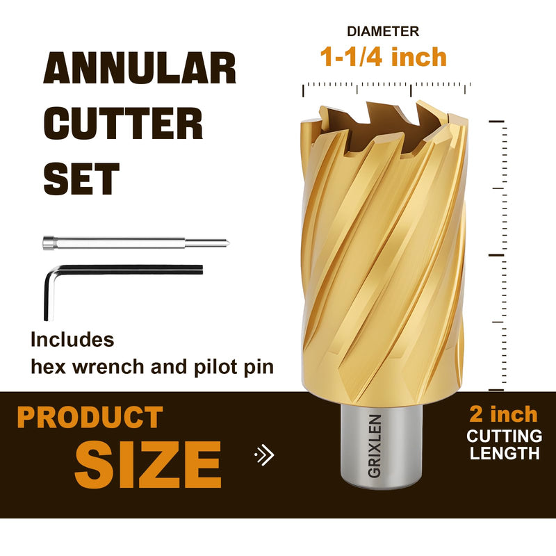 1-1/4"x2 HSS Annular Cutter，Titanium Coating，Weldon Shank，Diameter 1-1/4"，Cutting Depth 2" 1-1/4x2"
