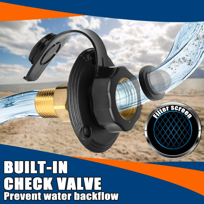 RV MURTS RV City Water Inlet with Brass Check Valve, 3/4" NH Female to 1/2" NPT Male Camper Fresh Water Fill Inlet Replacement, Lead-Free Water Connection with Dust Plug for Trailer Hose Connector.