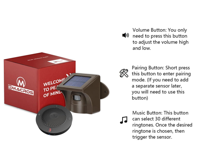 eMACROS Driveway Alarm(2nd Gen) - Upgraded Wireless Solar Powered Driveway Alert System, Weatherproof Sensor with 1/2 Mile Long Range & 30 Chimes, 2024 Release 1sensor 1receiver