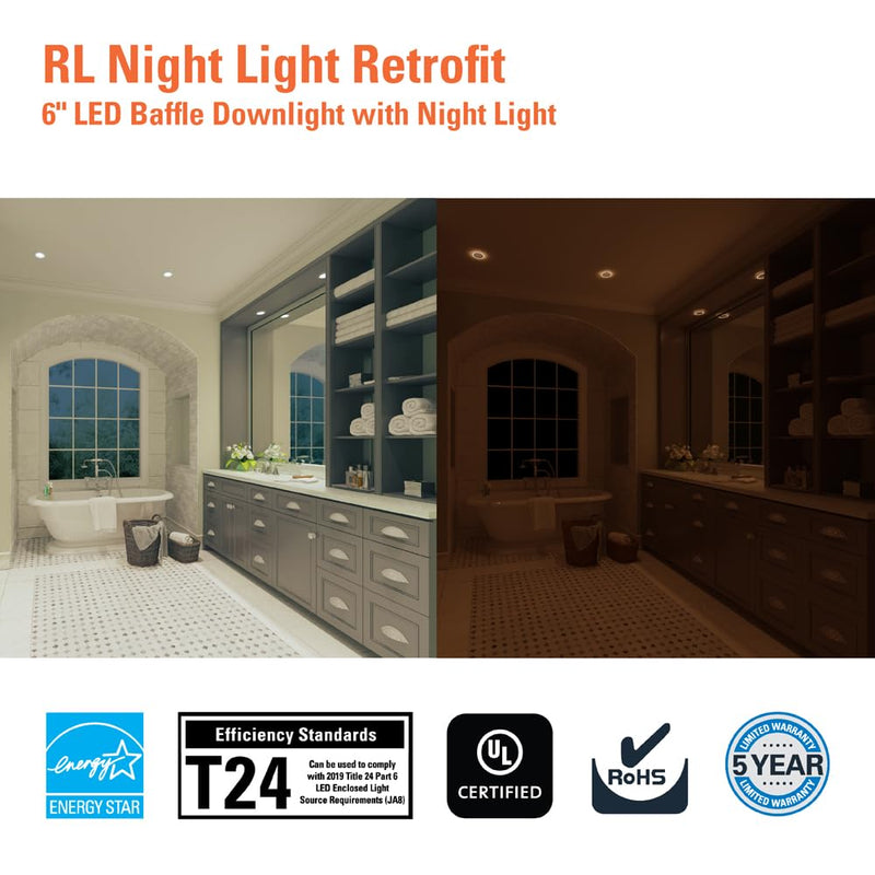 HALO RL Night Light 5/6 in LED Recessed Downlight with Night Light Mode, 1000 Lumens, Selectable CCT 2700K-5000K, Dim-to-Warm, Matte White - RLNL56109FSD2W1EWH 5/6 inch