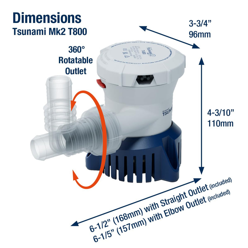 Attwood Tsunami Mk2 T800, 12V, Manual Bilge Pump, 800 GPH, with Fittings (Elbow & Straight), Direct Replacement for Attwood 4608-7 T800 - 12V, 800 GPH