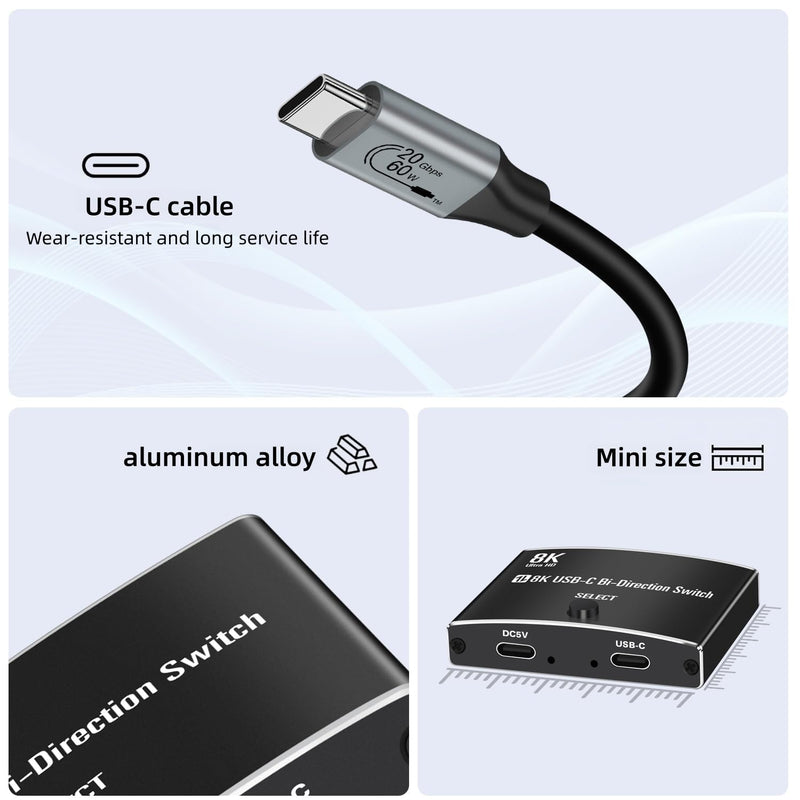 USB C Switch, Bi-Directional USB C Switcher 2 Computers, USB Type C KVM Switch 8K@60Hz 4K@120Hz Video/ 48Gbps Data Transfer, Compatible with Thunderbolt Device,2X USB-C Cables Included KVM-01