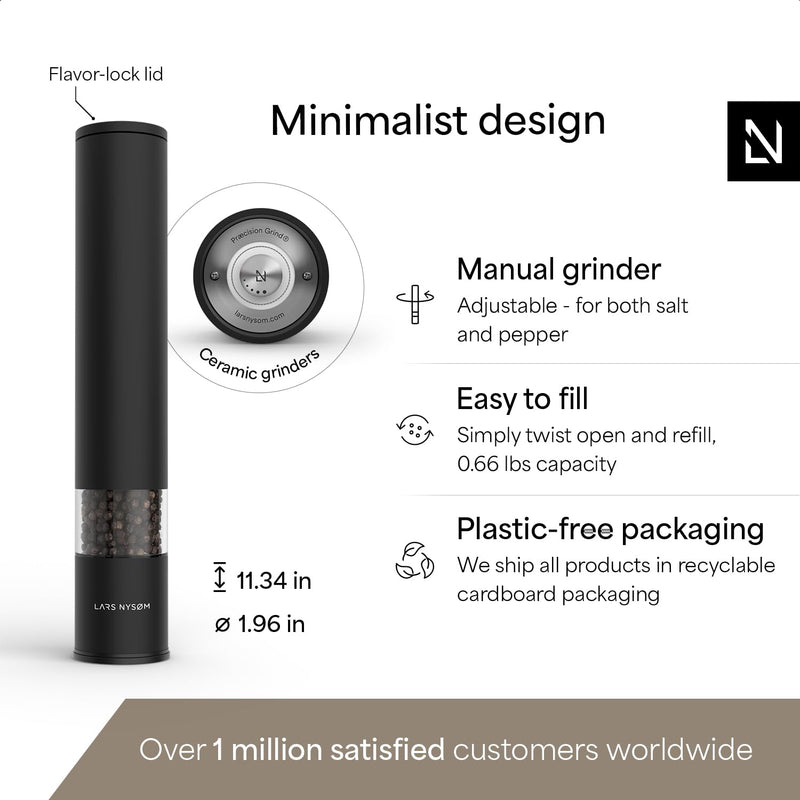 LARS NYSØM Salt Pepper Mill Manual with adjustable ceramic grinder from coarse to fine I Design Spice Mill (Carbon Black) XL single mill Carbon Black