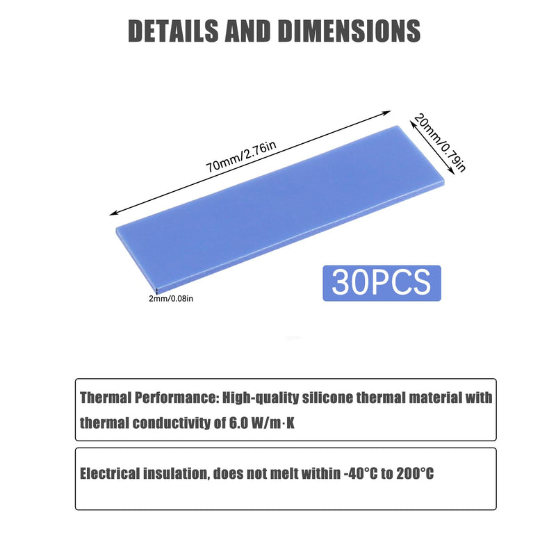 30 Pcs 70 x 20 x 2mm Silicone Thermal Pad, Reusable CPU SSD Thermal Silicone Pad, Each Thickness Suitable for GPU Heatsink CPU Chip Heat Conduction or LED Heat Conduction (Light Blue)