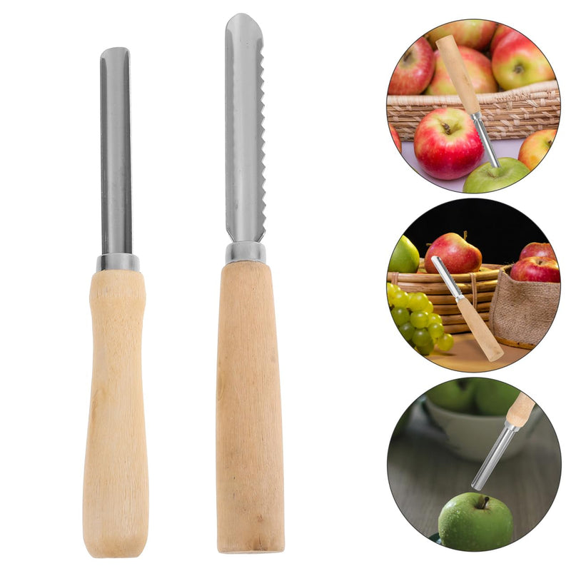 Cabilock 2pcs Corer and Pitter, Stainless Steel Fruit Corer with Wooden Handle, Serrated and Smooth Pitter for Apple, Pear, Peach