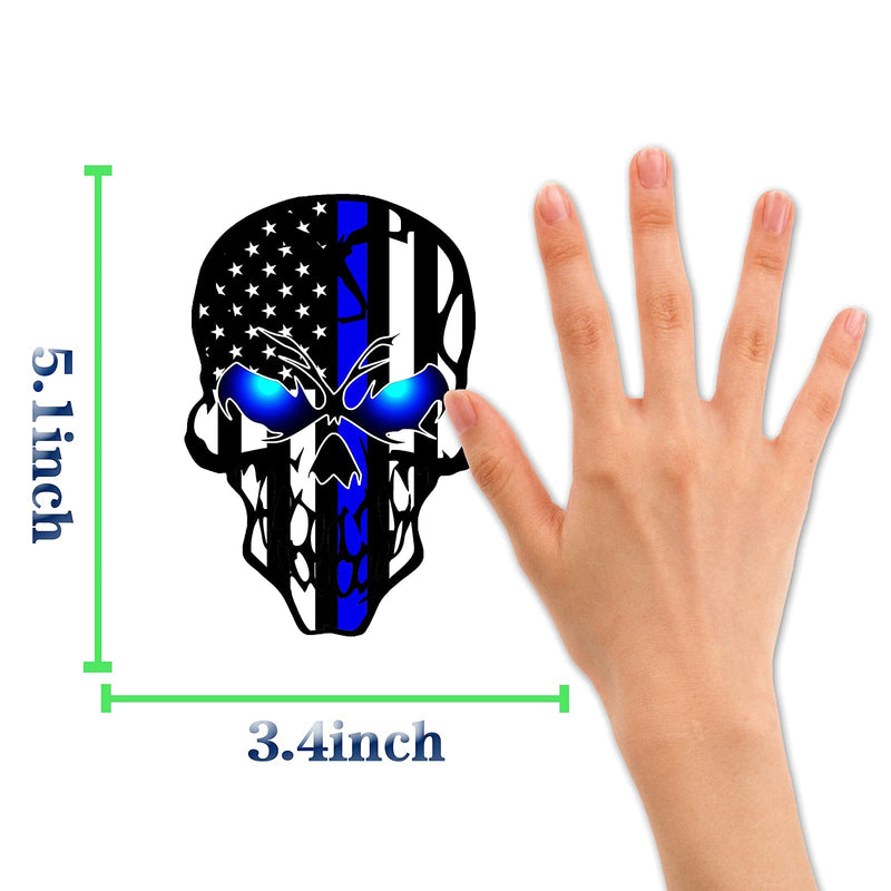 2 Pack Car Decals Stickers Skull Reflective US Flag with Thin Blue Line, Honoring Police Law Enforcement Vinyl Stickers Van Trucks Women Men Motorcycle Laptop Decals Skateboard Bike Bumper Window Thin Bule Skull