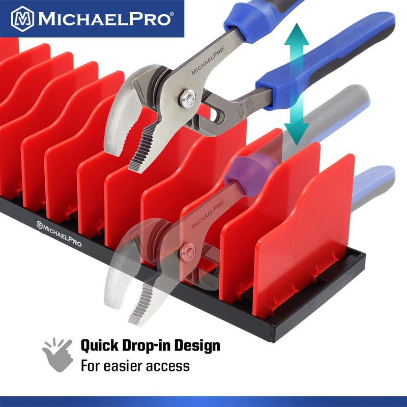 MichaelPro Adjustable Plier Organizer, 12-Slot Pliers Holder with Adjustable Dividers, Pliers Organizer Rack for Customizable Versatile Plier Set Storage, Fuel and Solvent Resistant Plier Rack
