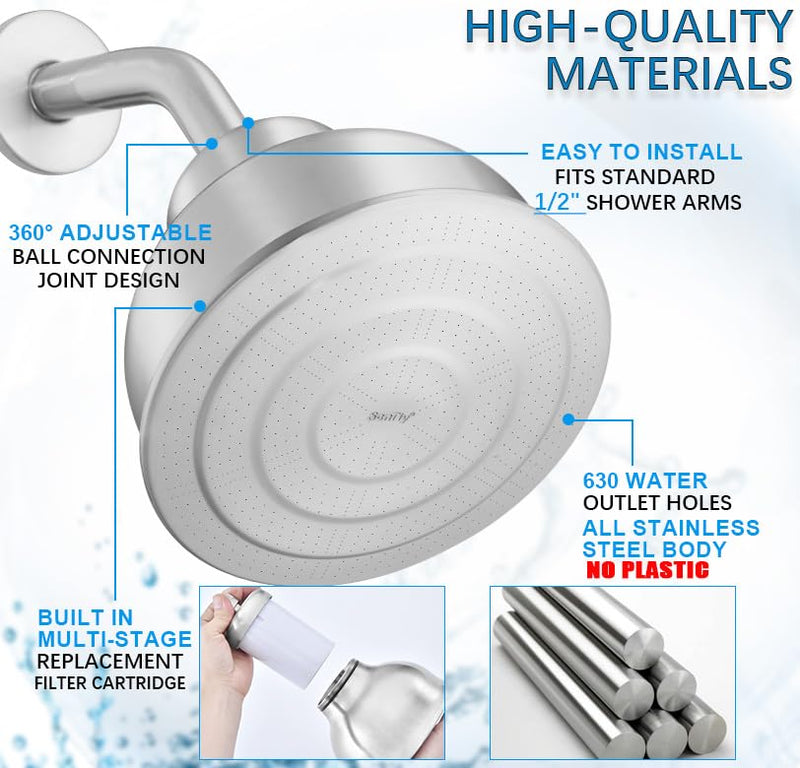 Metal Shower Head with Filters,Shower Filter Head for Hard Water Remove Chlorine and Heavy Metal,Water Softener Shower Head Reduce Hair Shedding Soothe Dry Skin, Brushed Nickel
