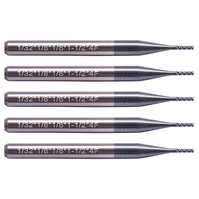 BestParts 5Pcs 1/32" 4 Flute Solid Carbide Square End Mills - AlTiN Coated | 30 Degree Helix, 1/32" Cutting Diameter, 1/8" Shank Diameter, 1/8" Length of Cut, 1-1/2" Overall Length 1/32 in 5