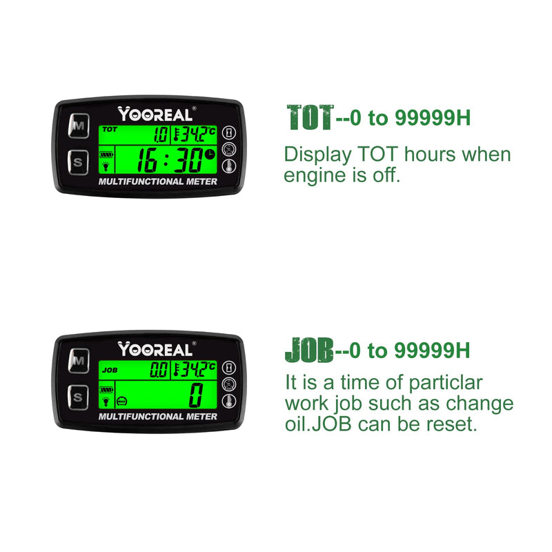 Yooreal Engine Water Oil Temperature Gauge Digital Tachometer Hour Meter,Alert RPM & Temp,Backlights Display for Lawn Tractor Compressor Generator Snowmobile Marine Jet Ski Pit Bike Liquid thermometer