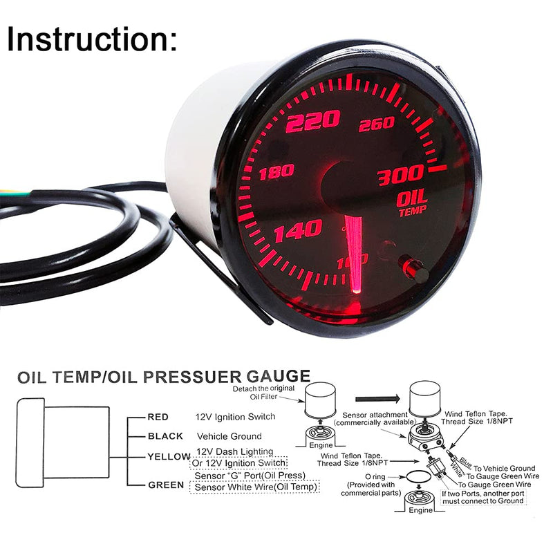 2" Oil Temp Gauge 7 Color Tinted 52mm Temperature Meter 100-300℉ Fahrenheit Includes Electronic Thread 1/8 NPT Sensor
