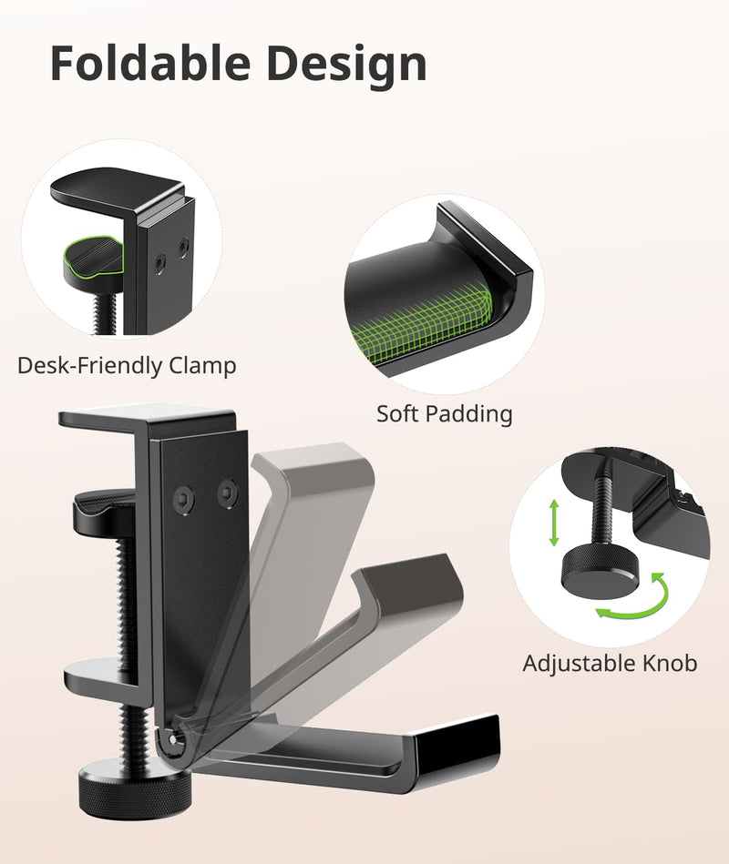 Kimiangel Headphone Stand Under Desk, Foldable Aluminum Headset Holder with Adjustable Screw Clamp, Headphone Hook Mount for Gaming Accessories, Space-Saving Under Table Headset Hanger